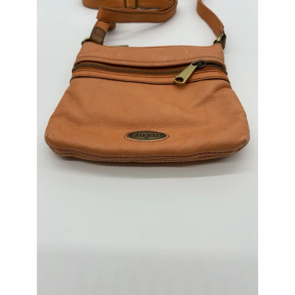 Vintage Fossil Leather Crossbody Bag Orange Pebbled Square Multi Zip Boho Hippie